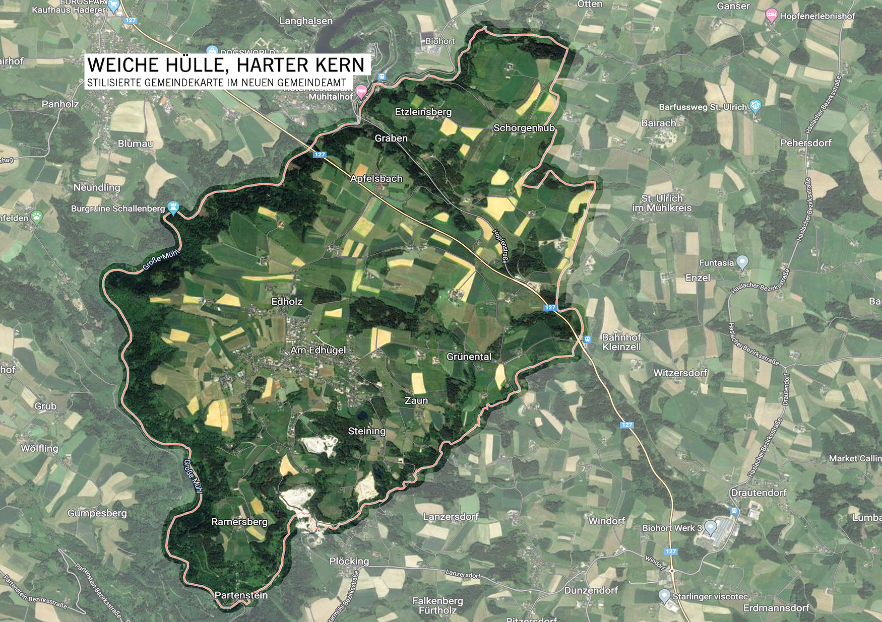 die stilisierte Karte der Gemeinde Kleinzell zeigt Kultur und Natur auf hartem Kern/Granit / Gerald Lohninger, Architektur: Gerald Anton Steiner